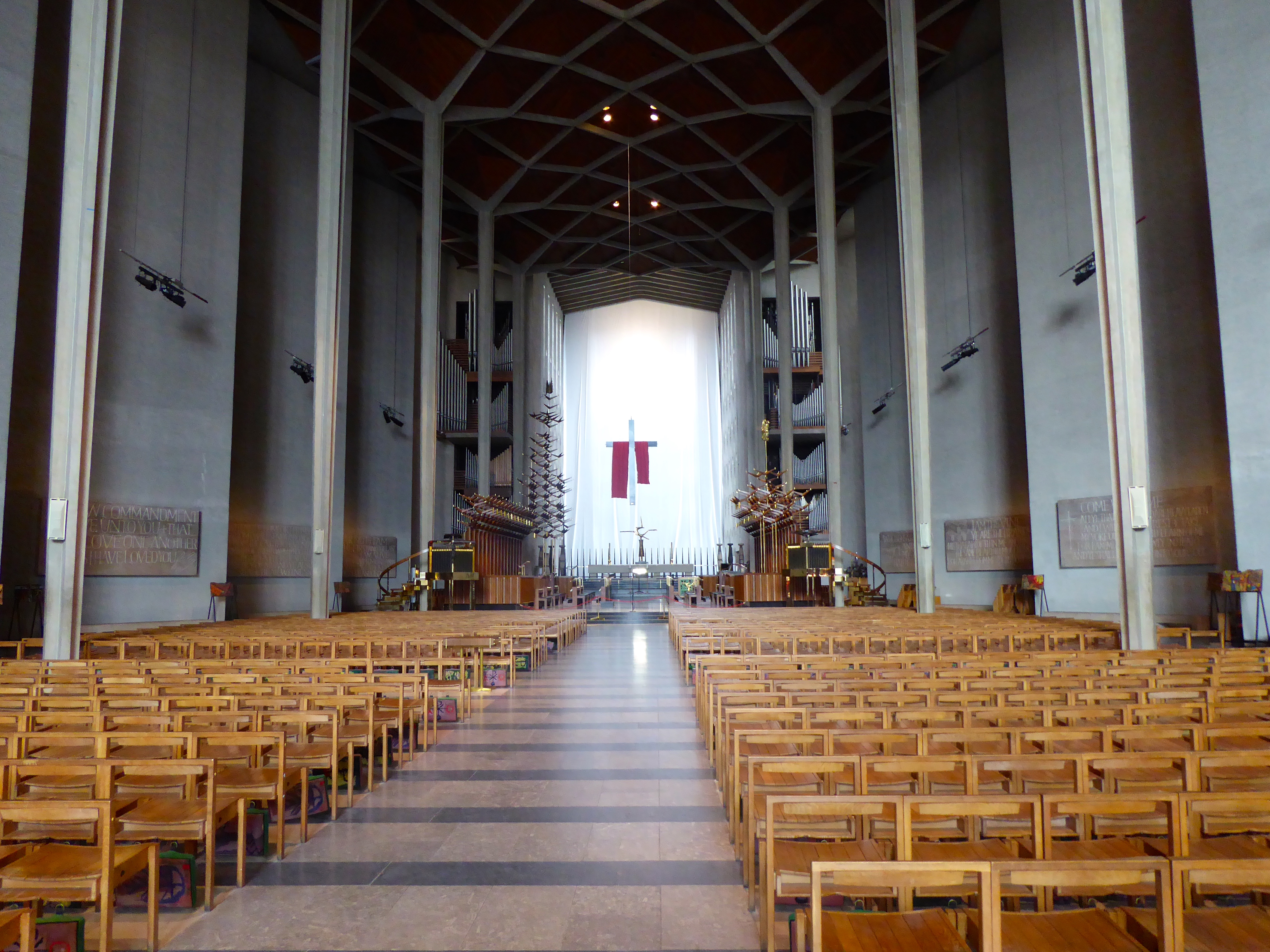 Cathedral looking towards altar with stark concrete columns