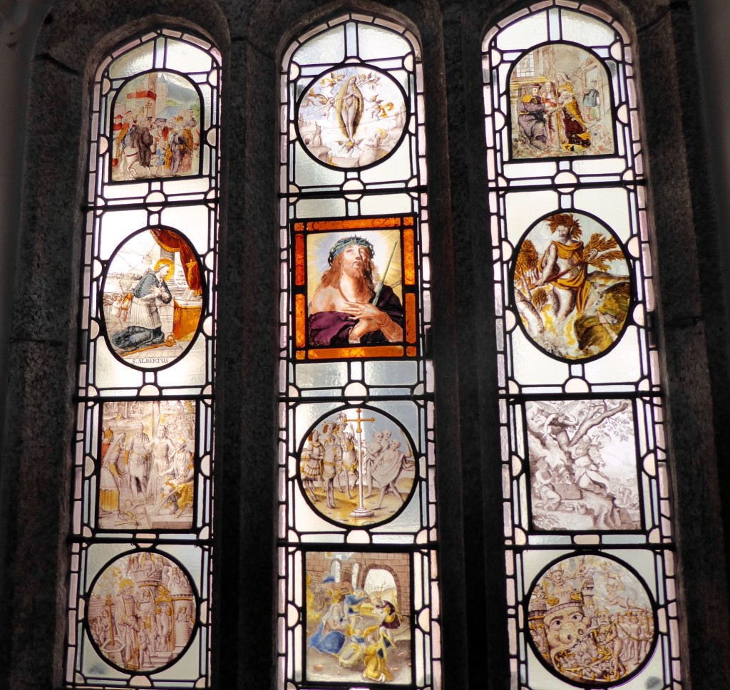 Stained glass panels in the Chevy Chase room collected over the years