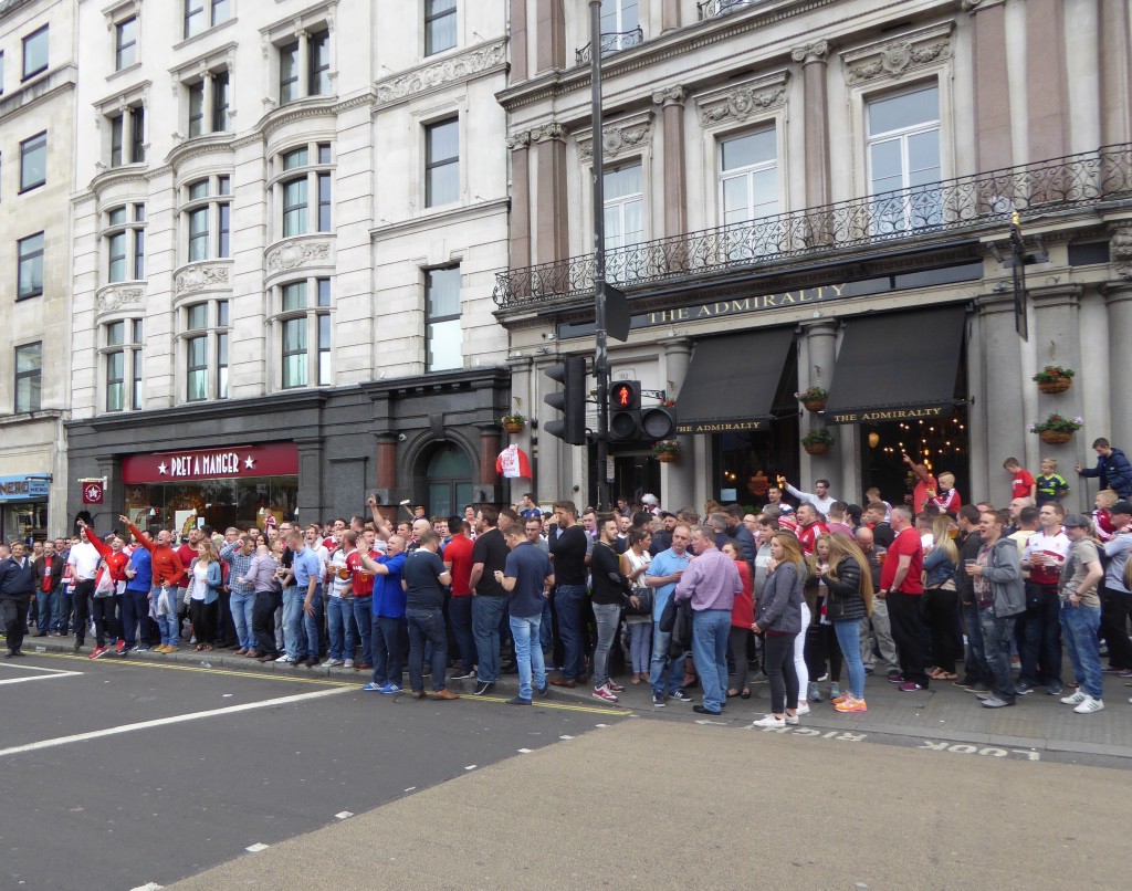 Victorious football crowd at The Admiralty opposite Trafalgar Square - the rest were sitting on the lions!