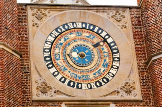 The Astronomical Clock. Installed in 1540  it displays hour, month, day of month, position of the sun, 12 signs of the zodiac, number of days elapsed since beginning of the year, phases of the moon, age of the moon in days, hour when the moon crosses the meridian and thus high water at London Bridge.  Most important as preferred method of transport at the time was barge