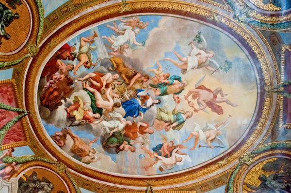 Painting of Queen Anne being crowned by the gods Britannia and Neptune on the ceiling of Queen's Drawing Room